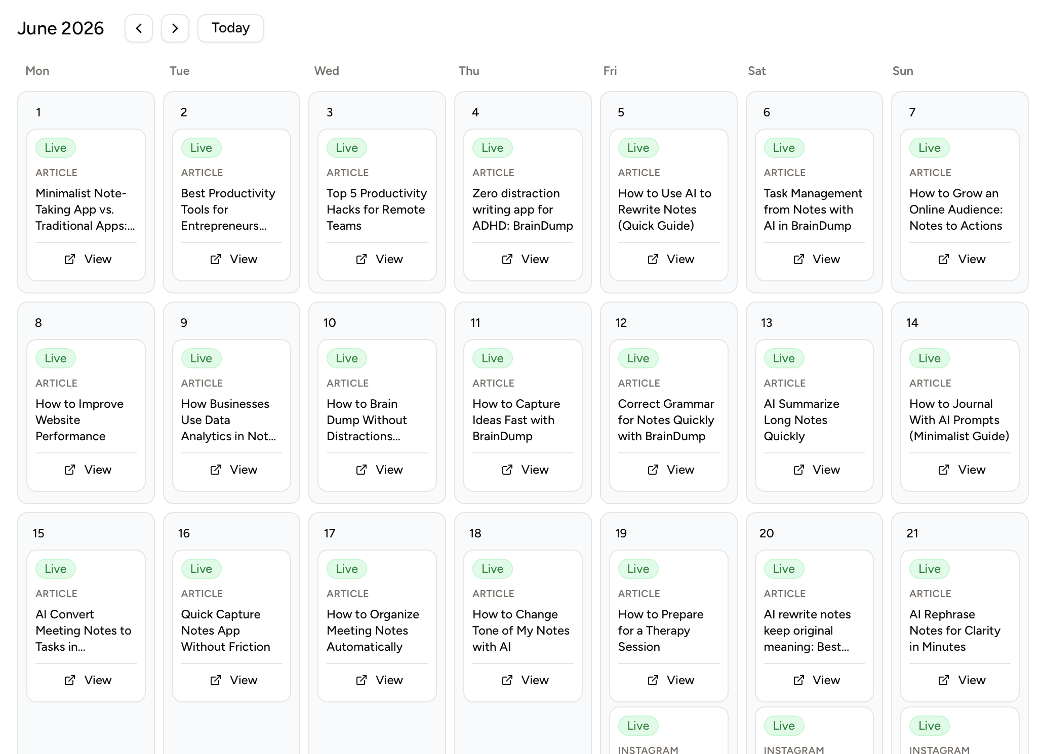 RankAscend publishing calendar showing scheduled articles and carousels