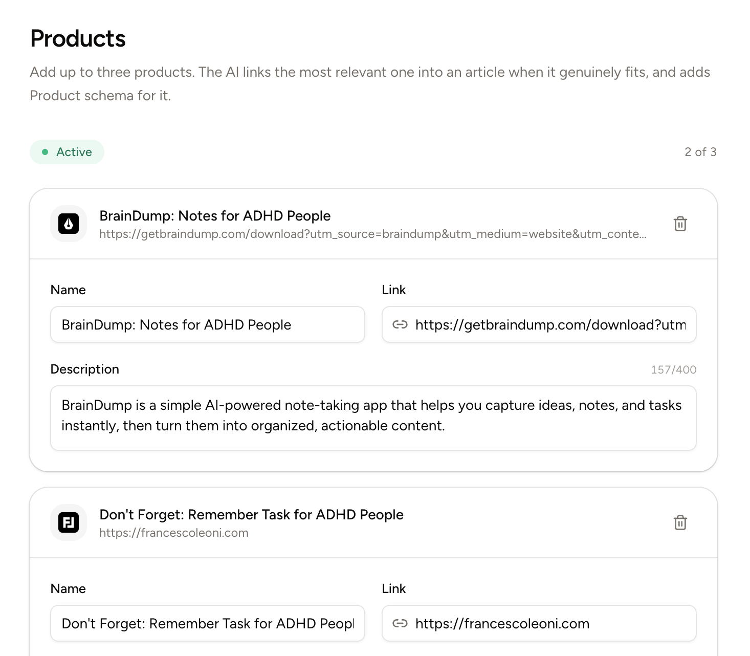 RankAscend product linking settings